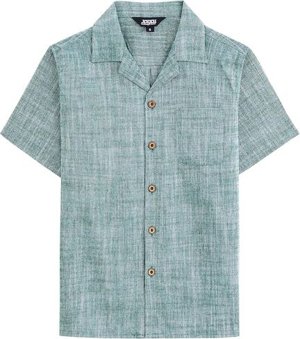 JOGAL Boys Chambray Button Down Shirts Short Sleeve Casual Cuban Shirt Summer Beach Shirts with Pocket for Kids 6-14 Years in Saudi Arabia