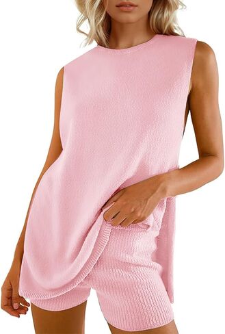 Wyeysyt 2 Piece Sets for Women Summer, Sweater Set Sleeveless Tunic Top and Shorts Beach Vacation Sets Tracksuits in Kuwait