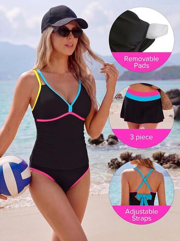 ملابس سباحة نسائية من Blooming Jelly مكونة من 3 قطع من Tankini بألوان متعددة ورقبة على شكل حرف V للتحكم في البطن، بدلة سباحة على الشاطئ (XXL، أسود) in Kuwait