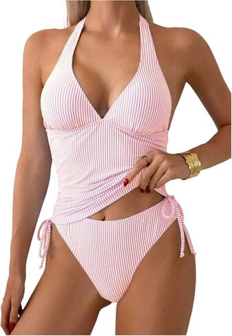 SOLY HUX Women's Striped Tankini Swimsuits Halter V Neck Tummy Control Bathing Suit Swimwear in Kuwait