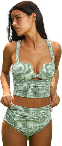 CUPSHE Women's Tankini Swimsuits High Waisted Two Piece Bathing Suit Cutout Full Coverage Ruched Midikini in Kuwait