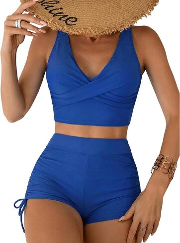 ZAFUL المرأة تانكيني المايوه التحكم في البطن الخامس الرقبة التفاف مع Boyshorts Ruched قطعتين ثوب السباحة in Kuwait