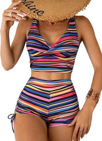 ZAFUL المرأة تانكيني المايوه التحكم في البطن الخامس الرقبة التفاف مع Boyshorts Ruched قطعتين ثوب السباحة in Kuwait