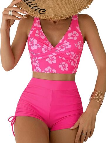 ZAFUL المرأة تانكيني المايوه التحكم في البطن الخامس الرقبة التفاف مع Boyshorts Ruched قطعتين ثوب السباحة in Kuwait