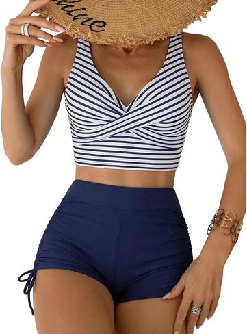 ZAFUL المرأة تانكيني المايوه التحكم في البطن الخامس الرقبة التفاف مع Boyshorts Ruched قطعتين ثوب السباحة in Kuwait