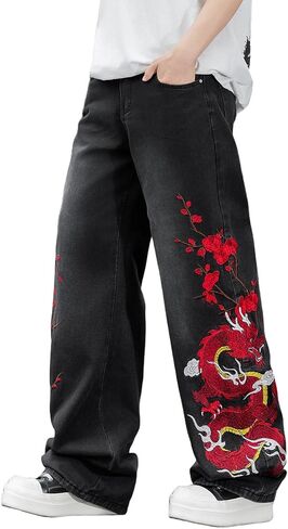 Nutriangee Men's Y2k Hip Hop Baggy Jeans, Embroidered Wide Leg Loose Fit Skater Streetwear Denim Pants in Saudi Arabia