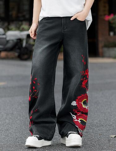 Nutriangee Men's Y2k Hip Hop Baggy Jeans, Embroidered Wide Leg Loose Fit Skater Streetwear Denim Pants in Saudi Arabia
