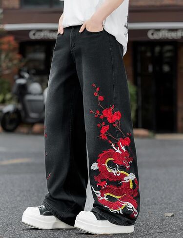 Nutriangee Men's Y2k Hip Hop Baggy Jeans, Embroidered Wide Leg Loose Fit Skater Streetwear Denim Pants in Saudi Arabia