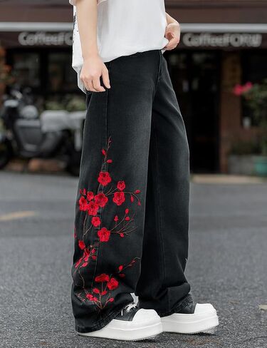 Nutriangee Men's Y2k Hip Hop Baggy Jeans, Embroidered Wide Leg Loose Fit Skater Streetwear Denim Pants in Saudi Arabia