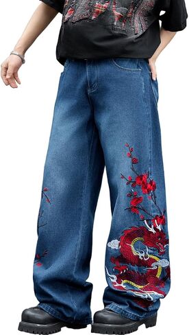 Nutriangee Men's Y2k Hip Hop Baggy Jeans, Embroidered Wide Leg Loose Fit Skater Streetwear Denim Pants in Saudi Arabia