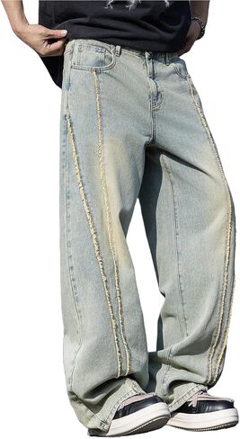 Nutriangee Men's Y2k Hip Hop Baggy Jeans, Embroidered Wide Leg Loose Fit Skater Streetwear Denim Pants in Saudi Arabia