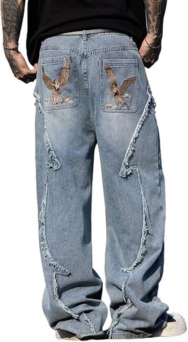 Nutriangee Men's Y2k Hip Hop Baggy Jeans, Embroidered Wide Leg Loose Fit Skater Streetwear Denim Pants in Saudi Arabia