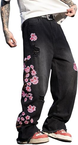 Nutriangee Men's Y2k Hip Hop Baggy Jeans, Embroidered Wide Leg Loose Fit Skater Streetwear Denim Pants in Saudi Arabia