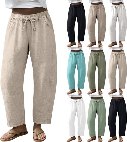 Womens Boho Pants Wide Leg Drawstring Palazzo Pant Summer Casual Lightweight Breathable Baggy Trousers with Pockets in Kuwait