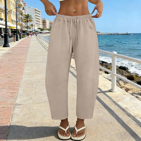 Womens Boho Pants Wide Leg Drawstring Palazzo Pant Summer Casual Lightweight Breathable Baggy Trousers with Pockets in Kuwait