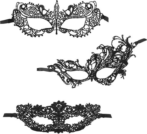Mikovivi 3pcs Masquerade Masks for Women, Elegant Venetian Lace Couples Party Masks for Mardi Gras Halloween Prom Carnival & Themed Events Costume Dress-Up (Black) in Saudi Arabia