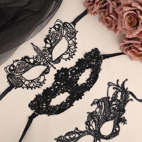 Mikovivi 3pcs Masquerade Masks for Women, Elegant Venetian Lace Couples Party Masks for Mardi Gras Halloween Prom Carnival & Themed Events Costume Dress-Up (Black) in Saudi Arabia