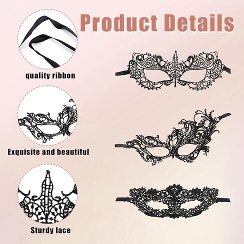 Mikovivi 3pcs Masquerade Masks for Women, Elegant Venetian Lace Couples Party Masks for Mardi Gras Halloween Prom Carnival & Themed Events Costume Dress-Up (Black) in Saudi Arabia