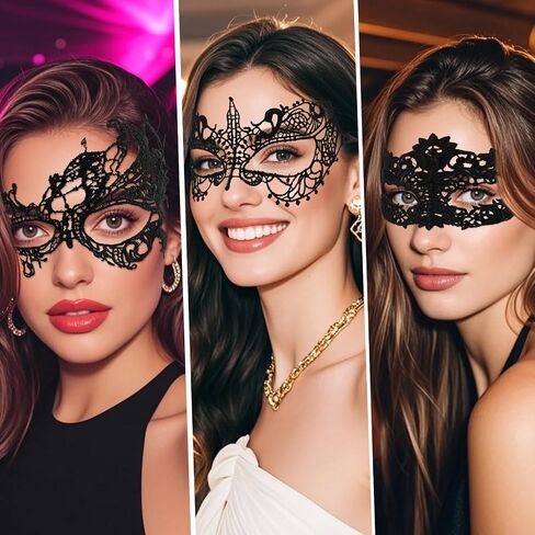 Mikovivi 3pcs Masquerade Masks for Women, Elegant Venetian Lace Couples Party Masks for Mardi Gras Halloween Prom Carnival & Themed Events Costume Dress-Up (Black) in Saudi Arabia