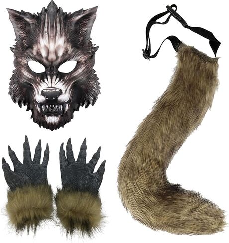 4 Pcs Realistic Werewolf Costume, Halloween Wolf Head Mask Costumes for Christmas Party, Horror Themed Parties Cosplay, Wolf Hand Claws Brown Furry Tail Horror Werewolf Mask in Kuwait