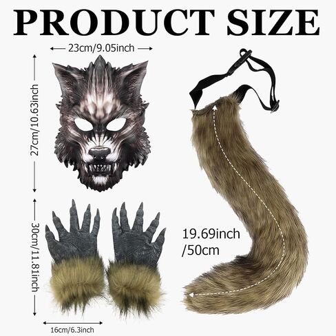 4 Pcs Realistic Werewolf Costume, Halloween Wolf Head Mask Costumes for Christmas Party, Horror Themed Parties Cosplay, Wolf Hand Claws Brown Furry Tail Horror Werewolf Mask in Kuwait