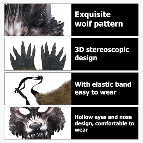 4 Pcs Realistic Werewolf Costume, Halloween Wolf Head Mask Costumes for Christmas Party, Horror Themed Parties Cosplay, Wolf Hand Claws Brown Furry Tail Horror Werewolf Mask in Kuwait