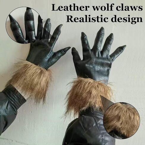 4 Pcs Realistic Werewolf Costume, Halloween Wolf Head Mask Costumes for Christmas Party, Horror Themed Parties Cosplay, Wolf Hand Claws Brown Furry Tail Horror Werewolf Mask in Kuwait