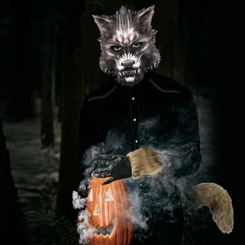 4 Pcs Realistic Werewolf Costume, Halloween Wolf Head Mask Costumes for Christmas Party, Horror Themed Parties Cosplay, Wolf Hand Claws Brown Furry Tail Horror Werewolf Mask in Kuwait
