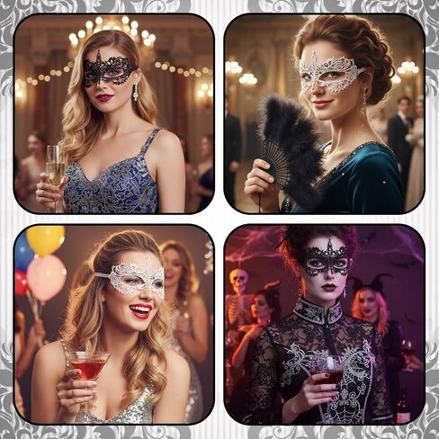 2 Pcs Lace Masquerade Masks for Women, Masquerade Ball Mask, Black & White Knight Style Black Mask Masquerades, Elegant Lace Eye Cover for Halloween Party & Costume in Kuwait