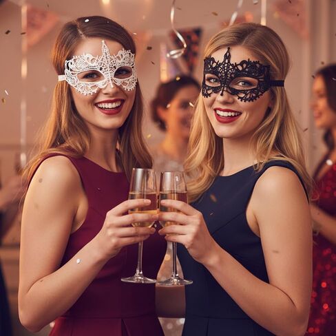 2 Pcs Lace Masquerade Masks for Women, Masquerade Ball Mask, Black & White Knight Style Black Mask Masquerades, Elegant Lace Eye Cover for Halloween Party & Costume in Kuwait