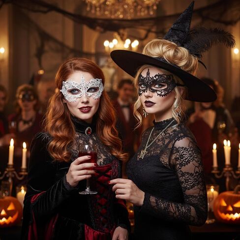 2 Pcs Lace Masquerade Masks for Women, Masquerade Ball Mask, Black & White Knight Style Black Mask Masquerades, Elegant Lace Eye Cover for Halloween Party & Costume in Kuwait