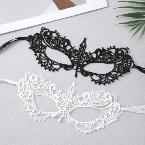 2 Pcs Lace Masquerade Masks for Women, Masquerade Ball Mask, Black & White Knight Style Black Mask Masquerades, Elegant Lace Eye Cover for Halloween Party & Costume in Kuwait