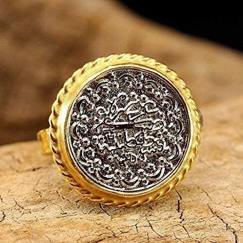 Caprixus Signet Ring 925 خاتم فضة استرليني خاتم عملة عثمانية 24K الذهب فيرميل مصمم خواتم مصنوعة يدويًا للنساء خاتم زركونيا مكعب بدرجتين مطروق خاتم الخنصر مجوهرات تركية راقية in Kuwait