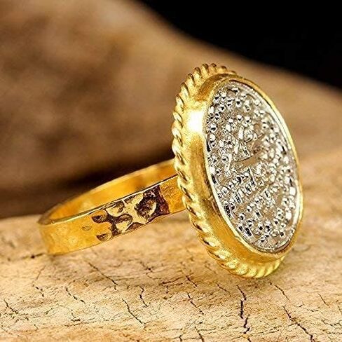 Caprixus Signet Ring 925 خاتم فضة استرليني خاتم عملة عثمانية 24K الذهب فيرميل مصمم خواتم مصنوعة يدويًا للنساء خاتم زركونيا مكعب بدرجتين مطروق خاتم الخنصر مجوهرات تركية راقية in Kuwait