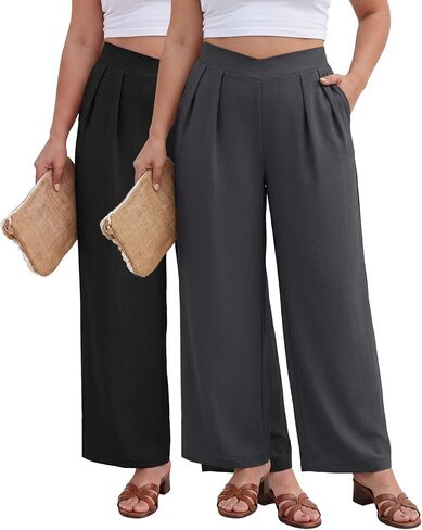 Coume 2 Pack Women Plus Size Wide Leg Pants Crossover Waist Casual Work Pants Dressy Office Business Trousers with Pockets in Kuwait