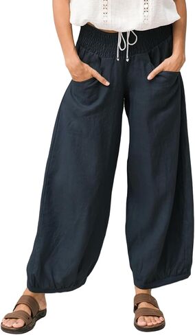 Les umes Womens Lyocell Linen Pants Loose Fit Wide Leg Casual Palazzo Pants Elastic Waist Trousers with Pockets for Summer in Saudi Arabia