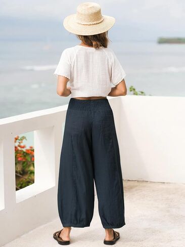 Les umes Womens Lyocell Linen Pants Loose Fit Wide Leg Casual Palazzo Pants Elastic Waist Trousers with Pockets for Summer in Saudi Arabia