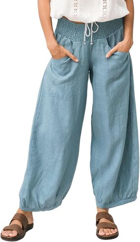 Les umes Womens Lyocell Linen Pants Loose Fit Wide Leg Casual Palazzo Pants Elastic Waist Trousers with Pockets for Summer in Saudi Arabia