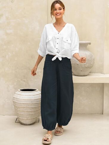 Les umes Womens Lyocell Linen Pants Loose Fit Wide Leg Casual Palazzo Pants Elastic Waist Trousers with Pockets for Summer in Saudi Arabia