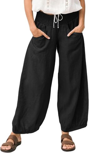 Les umes Womens Lyocell Linen Pants Loose Fit Wide Leg Casual Palazzo Pants Elastic Waist Trousers with Pockets for Summer in Saudi Arabia