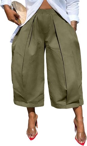 DINGANG Women's Wide Leg Capri Pants High Waisted Pleated Cropped Trousers Ankle Casual Palazzo Pant with Pockets in Saudi Arabia