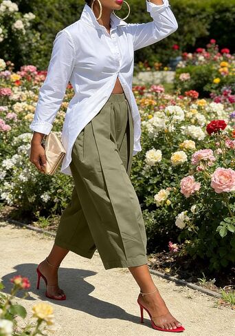 DINGANG Women's Wide Leg Capri Pants High Waisted Pleated Cropped Trousers Ankle Casual Palazzo Pant with Pockets in Saudi Arabia
