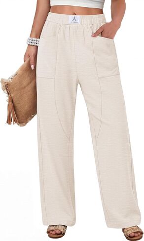 ANRABESS Womens Casual Pants 2026 Summer Loose Fit Lounge Pants with Pockets High Waisted Elastic Waist Straight Leg Trousers in Kuwait