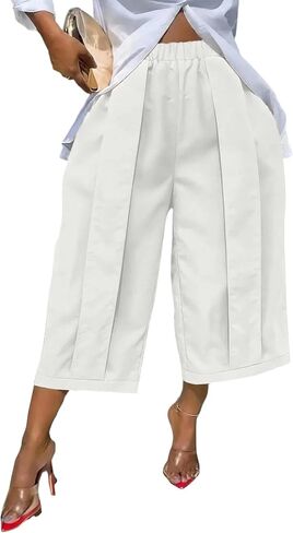 DINGANG Women's Wide Leg Capri Pants High Waisted Pleated Cropped Trousers Ankle Casual Palazzo Pant with Pockets in Kuwait