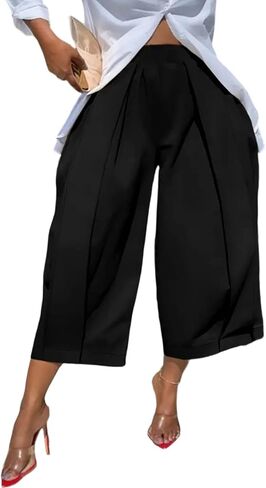 DINGANG Women's Wide Leg Capri Pants High Waisted Pleated Cropped Trousers Ankle Casual Palazzo Pant with Pockets in Saudi Arabia
