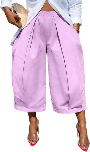 DINGANG Women's Wide Leg Capri Pants High Waisted Pleated Cropped Trousers Ankle Casual Palazzo Pant with Pockets in Saudi Arabia