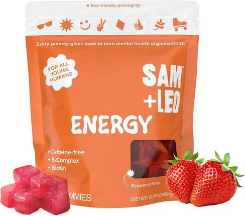 SAM+LEO Vitamin B Complex Gummies with Biotin for Kids & Teens - Caffeine-Free Focus & Energy Support Supplement Gummies | Vegan & Gluten Free Supplement - Strawberry Flavor (60 Count) in Kuwait