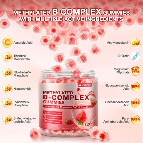 14-IN-1 Methylated Vitamin B Complex Gummies for Women & Men, 120ct, All B Vitamins - Omega-3, Magnesium, Vitamin C, Methyl B12 2000 mcg, PABA, Supports Brain Health, Energy, Immune, Sugar Free, Vegan in Saudi Arabia