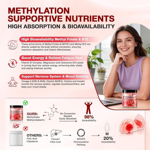 14-IN-1 Methylated Vitamin B Complex Gummies for Women & Men, 120ct, All B Vitamins - Omega-3, Magnesium, Vitamin C, Methyl B12 2000 mcg, PABA, Supports Brain Health, Energy, Immune, Sugar Free, Vegan in Saudi Arabia
