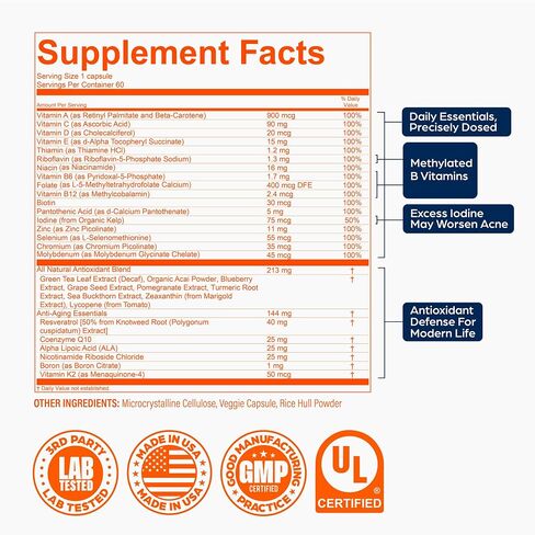 PS Longevity Supplements - Methylated Multivitamin for Men and Women with B Vitamins, Nicotinamide Riboside, CoQ10, Resveratrol, ALA - Antioxidant Defense for Modern Life (2 Month Supply) in Saudi Arabia